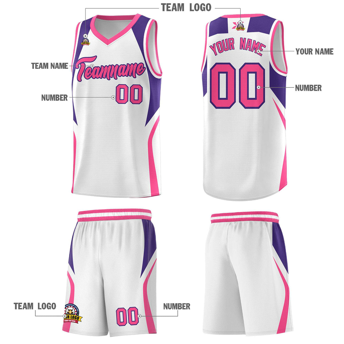 Custom White Purple and Pink Color Block Sports Uniform Basketball Jersey