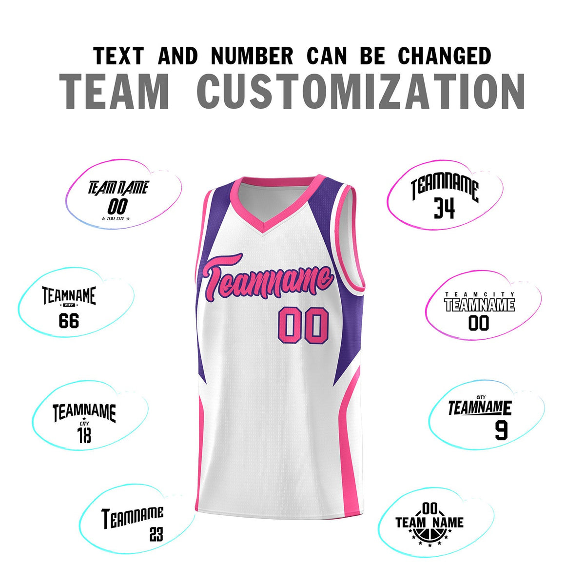 Custom White Purple and Pink Color Block Sports Uniform Basketball Jersey