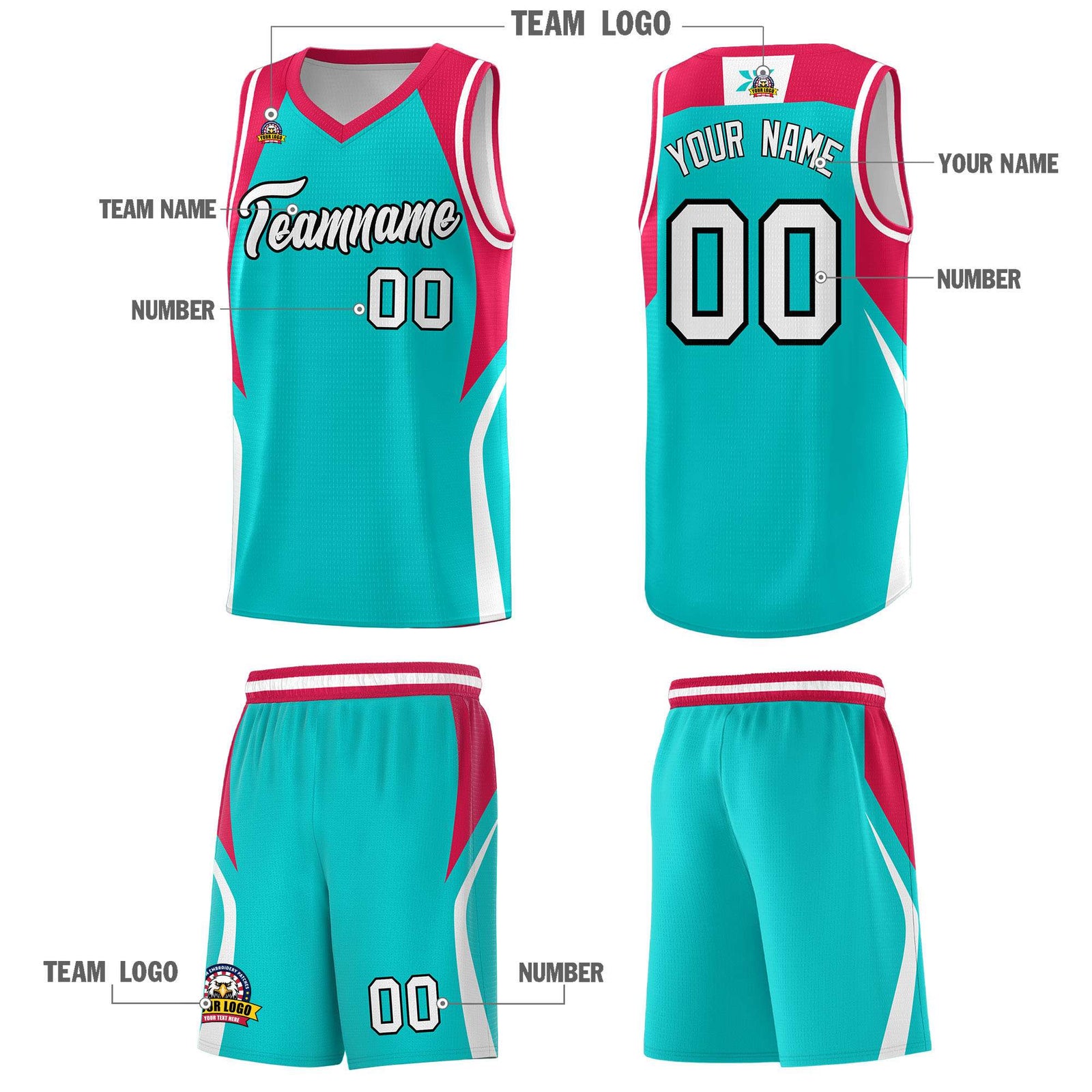 Custom Aqua Red and White Color Block Sports Uniform Basketball Jersey