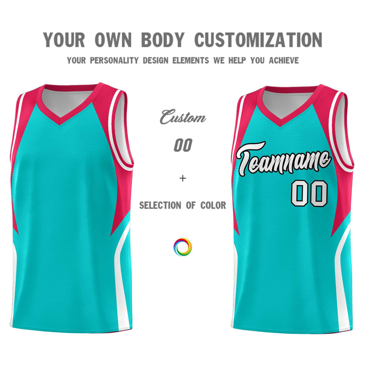 Custom Aqua Red and White Color Block Sports Uniform Basketball Jersey