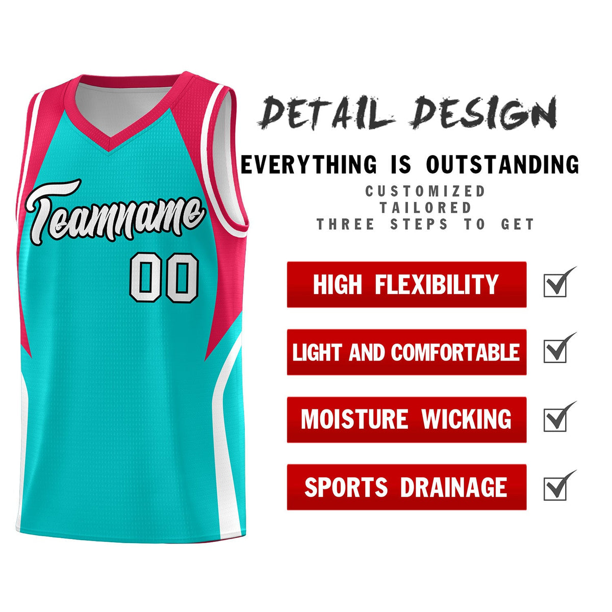 Custom Aqua Red and White Color Block Sports Uniform Basketball Jersey