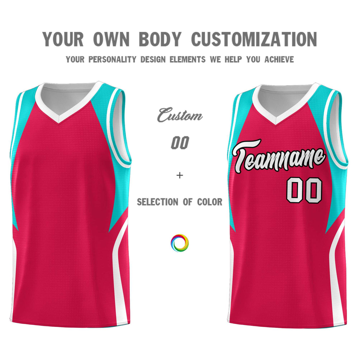 Custom Red Aqua and White Color Block Sports Uniform Basketball Jersey