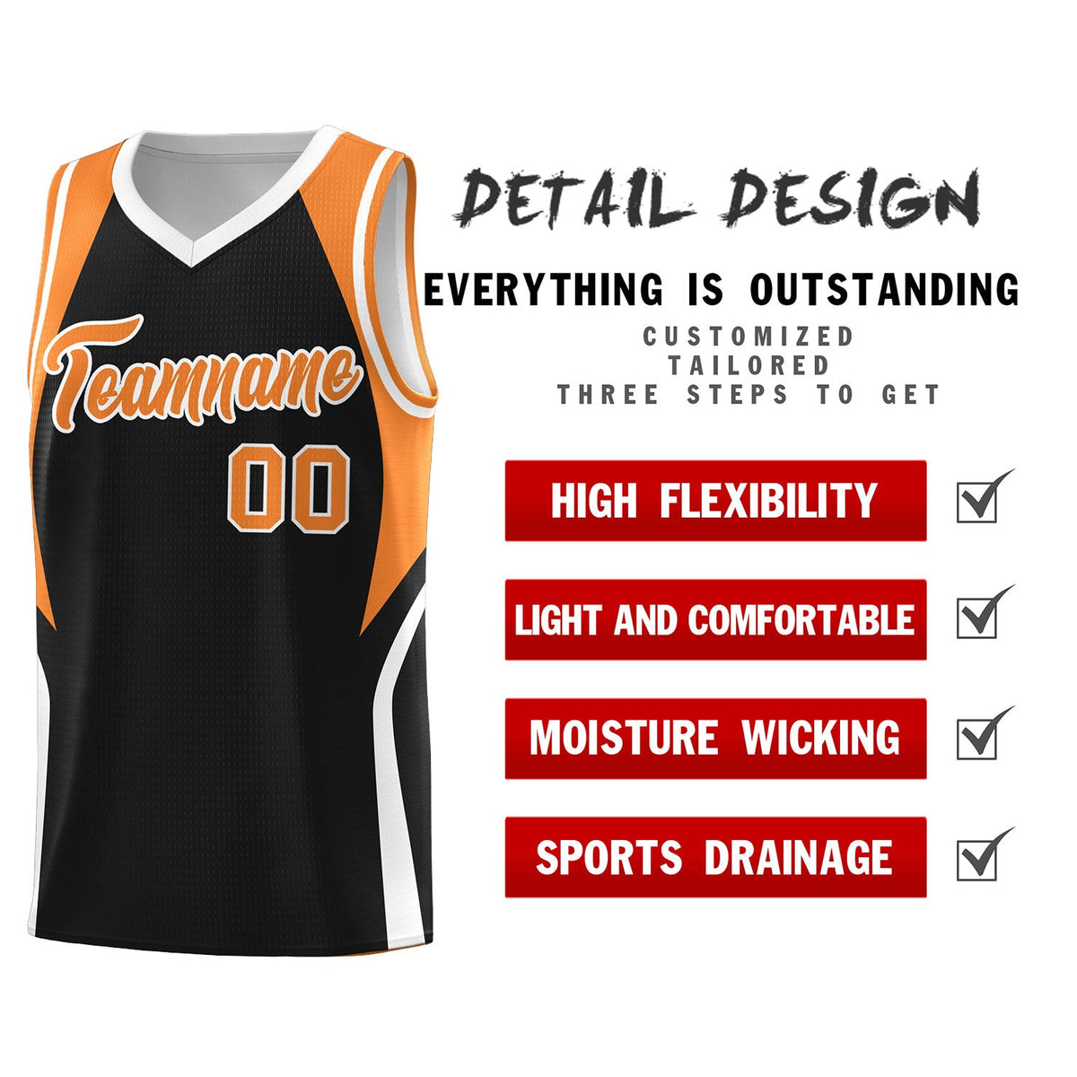 Custom Black Gold Orange and White Color Block Sports Uniform Basketball Jersey