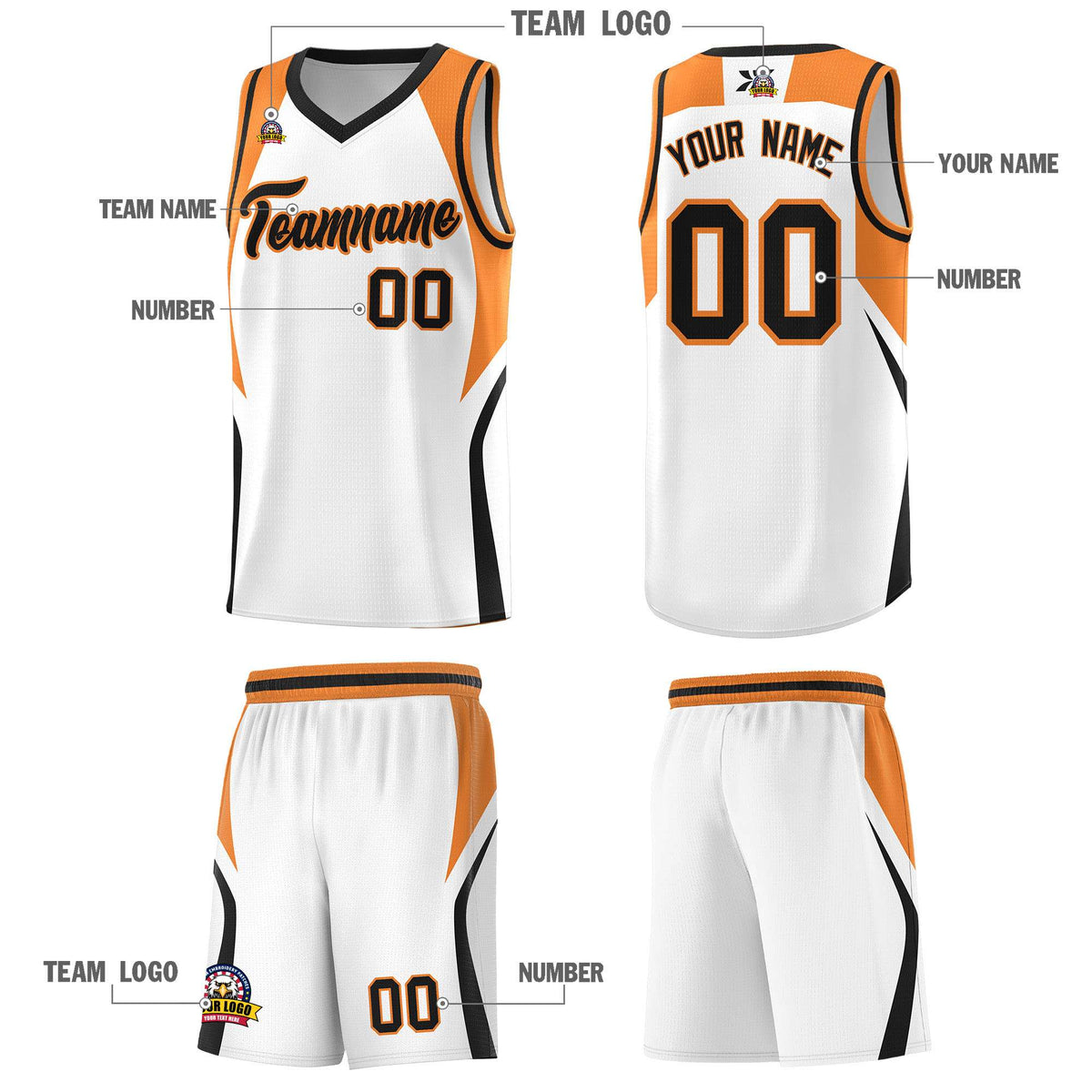 Custom White Gold Orange and Black Color Block Sports Uniform Basketball Jersey