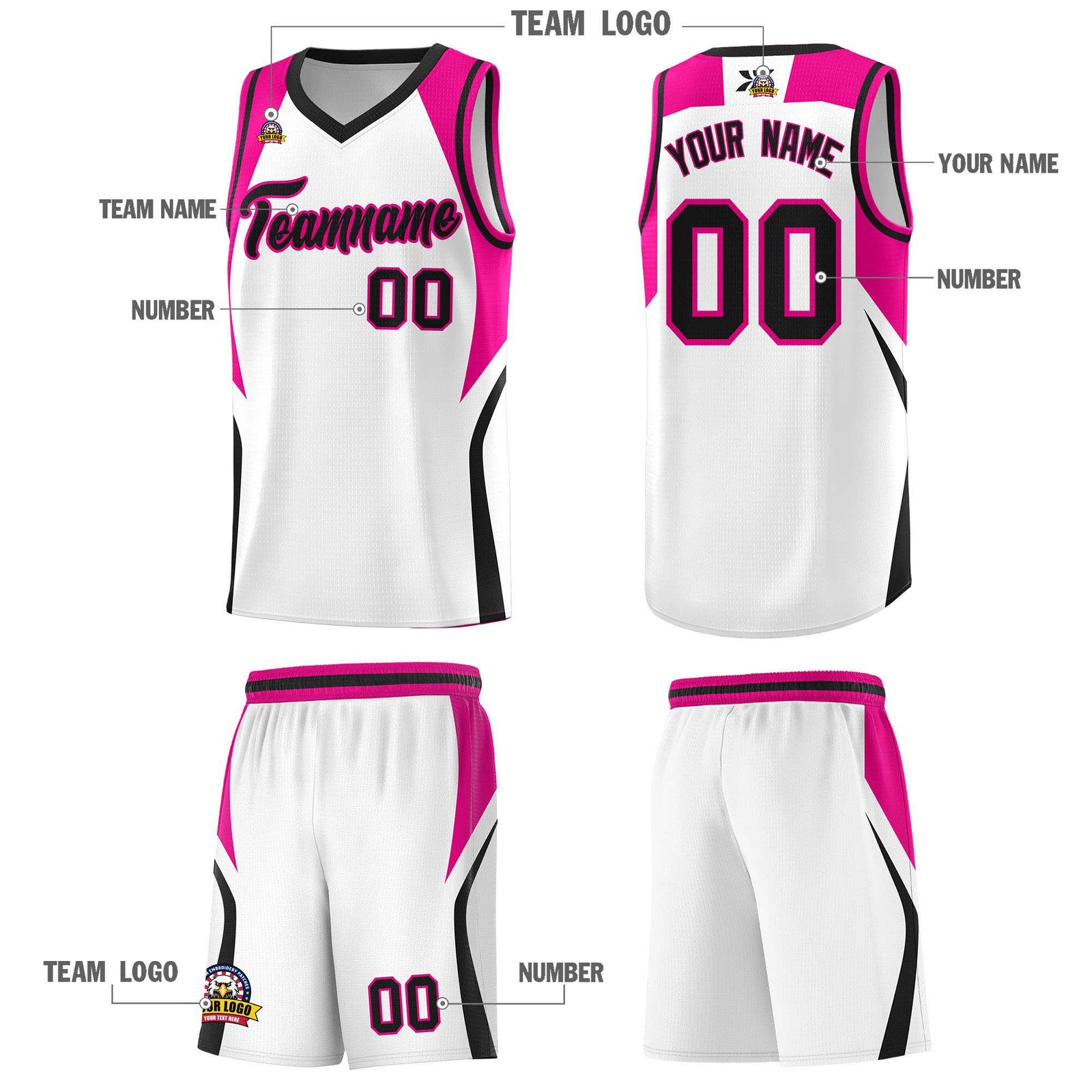 Custom White Pink and Black Color Block Sports Uniform Basketball Jersey