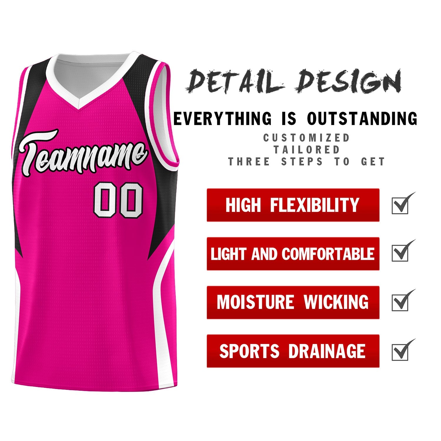 Custom Pink Black and White Color Block Sports Uniform Basketball Jersey