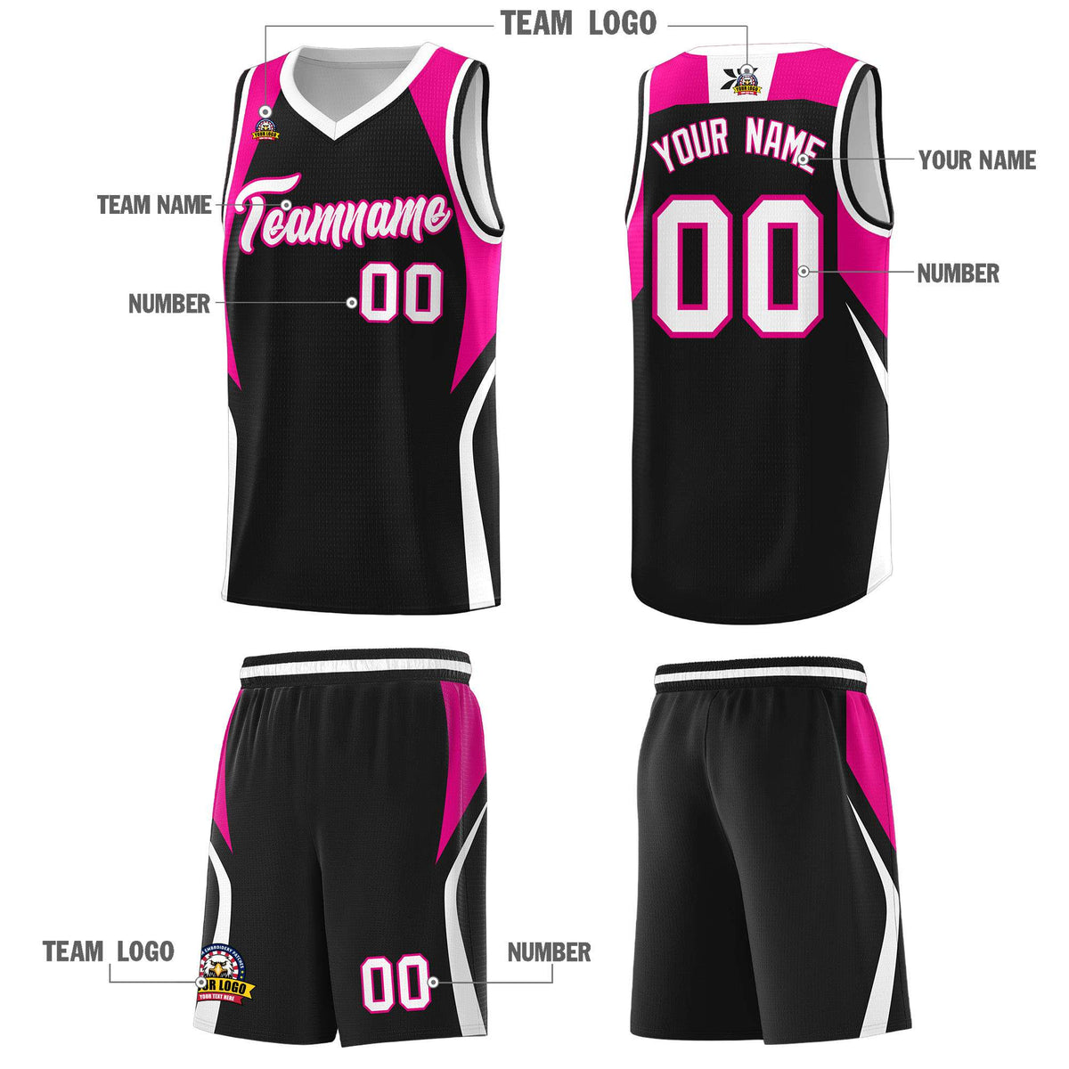 Custom Black Pink and White Color Block Sports Uniform Basketball Jersey