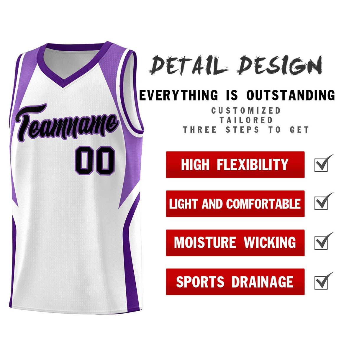 Custom White Light Purple and Purple Color Block Sports Uniform Basketball Jersey