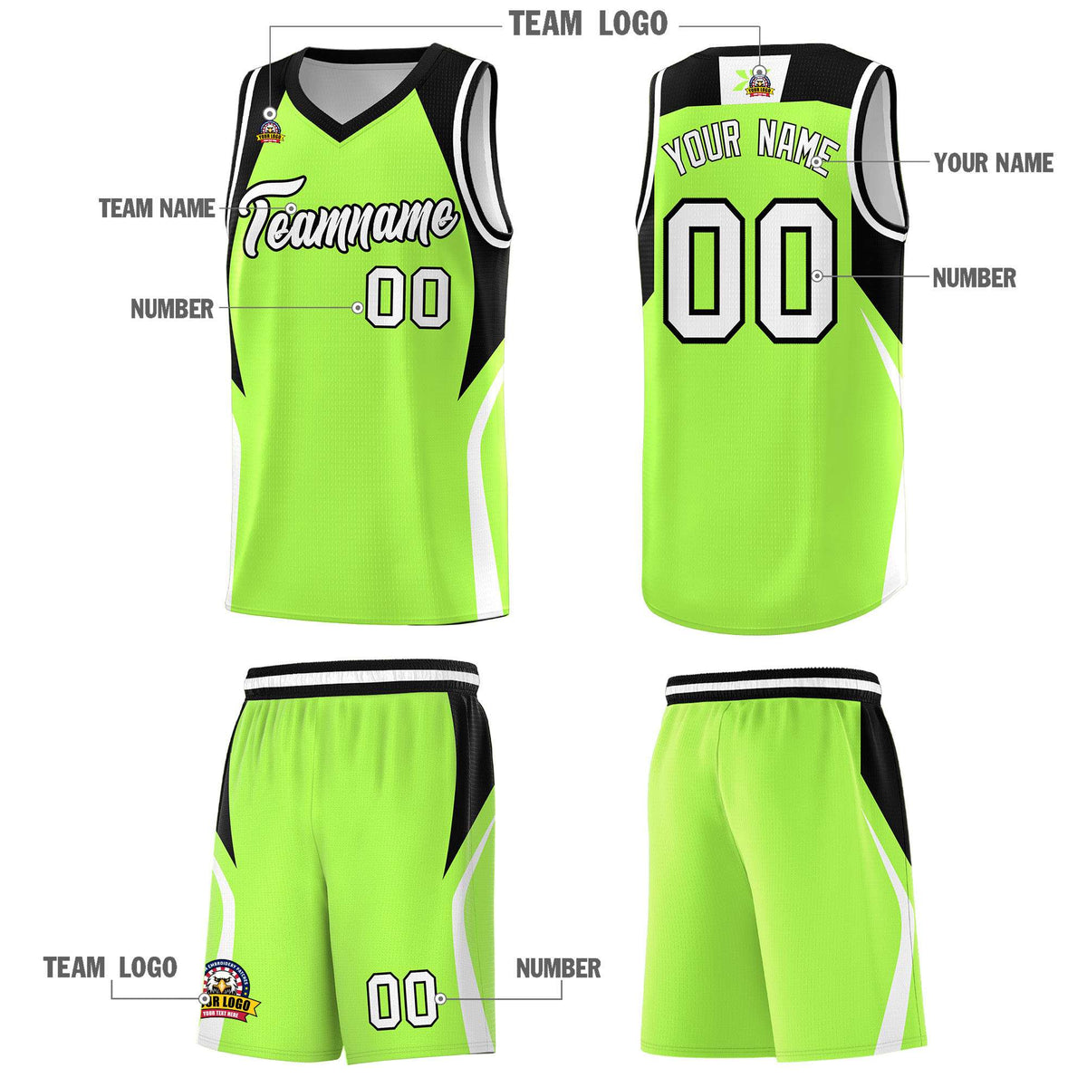 Custom Fluorescent Green Black and White Color Block Sports Uniform Basketball Jersey