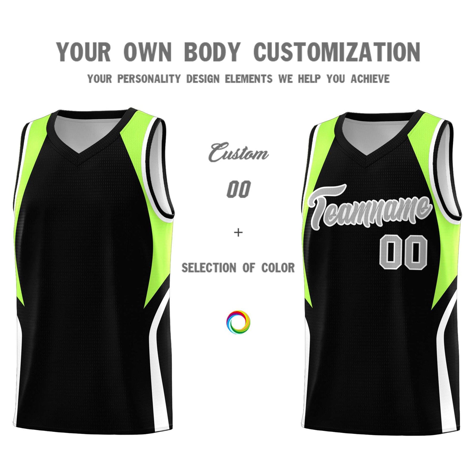 Custom Black Fluorescent Green and White Color Block Sports Uniform Basketball Jersey