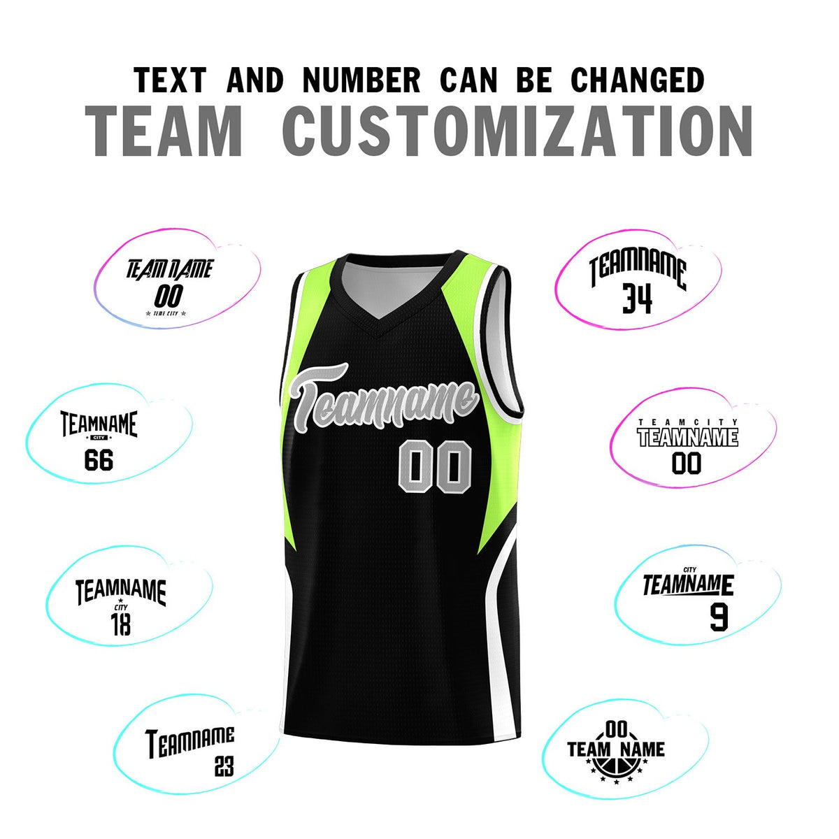 Custom Black Fluorescent Green and White Color Block Sports Uniform Basketball Jersey