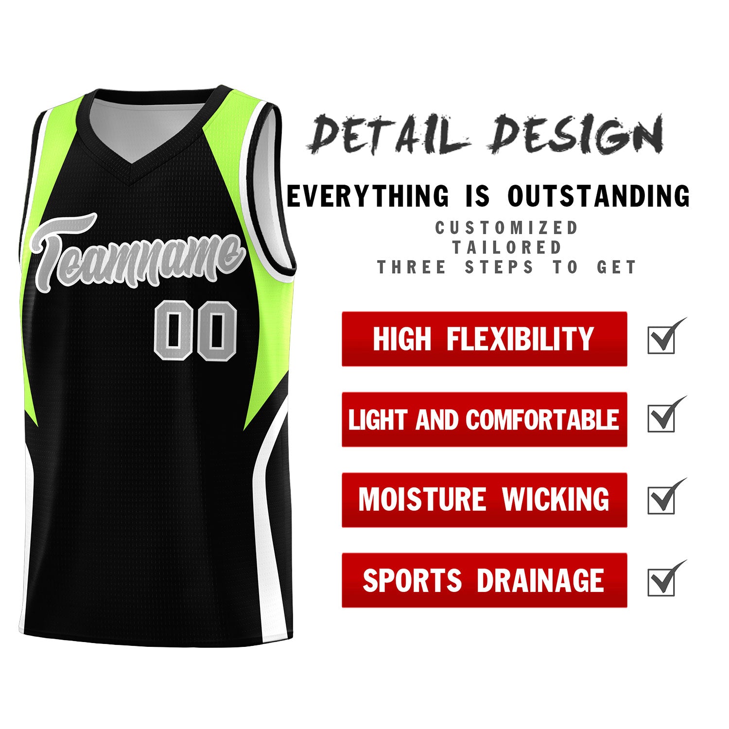 Custom Black Fluorescent Green and White Color Block Sports Uniform Basketball Jersey