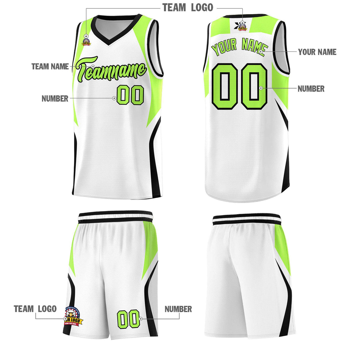 Custom White Fluorescent Green and Black Color Block Sports Uniform Basketball Jersey