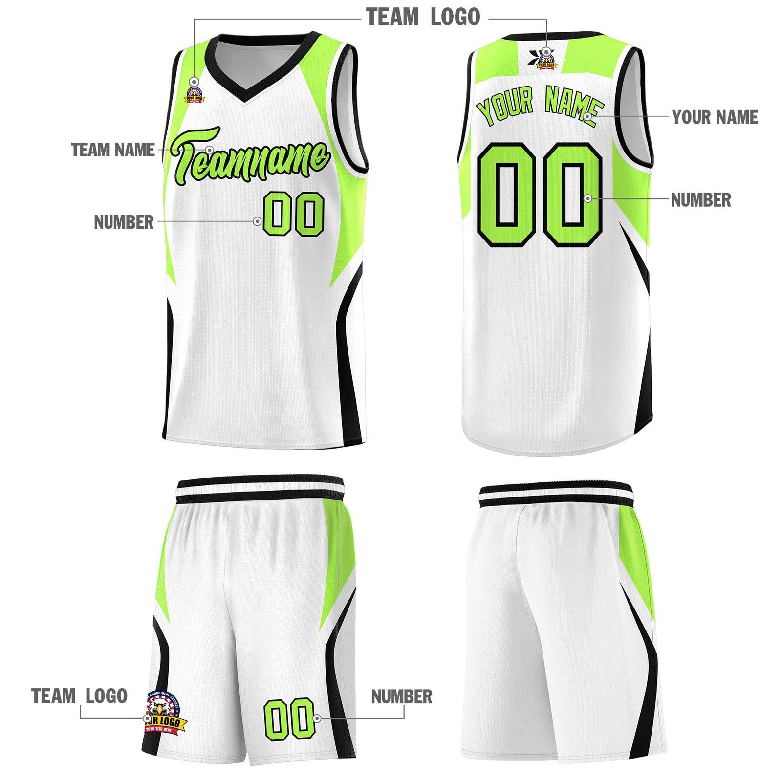Custom White Fluorescent Green and Black Color Block Sports Uniform Basketball Jersey