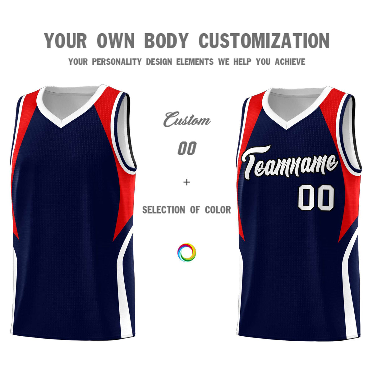 Custom Navy Red and White Color Block Sports Uniform Basketball Jersey