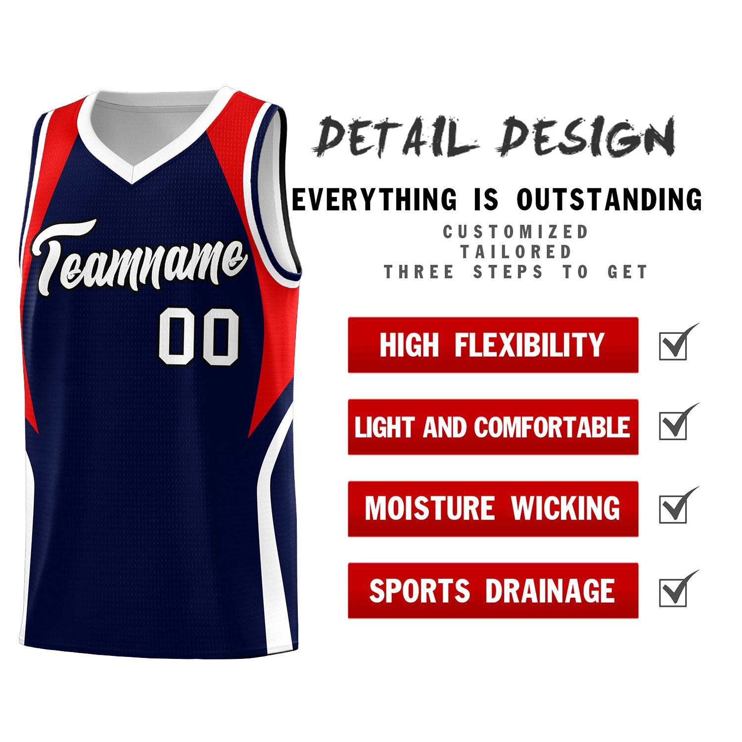 Custom Navy Red and White Color Block Sports Uniform Basketball Jersey