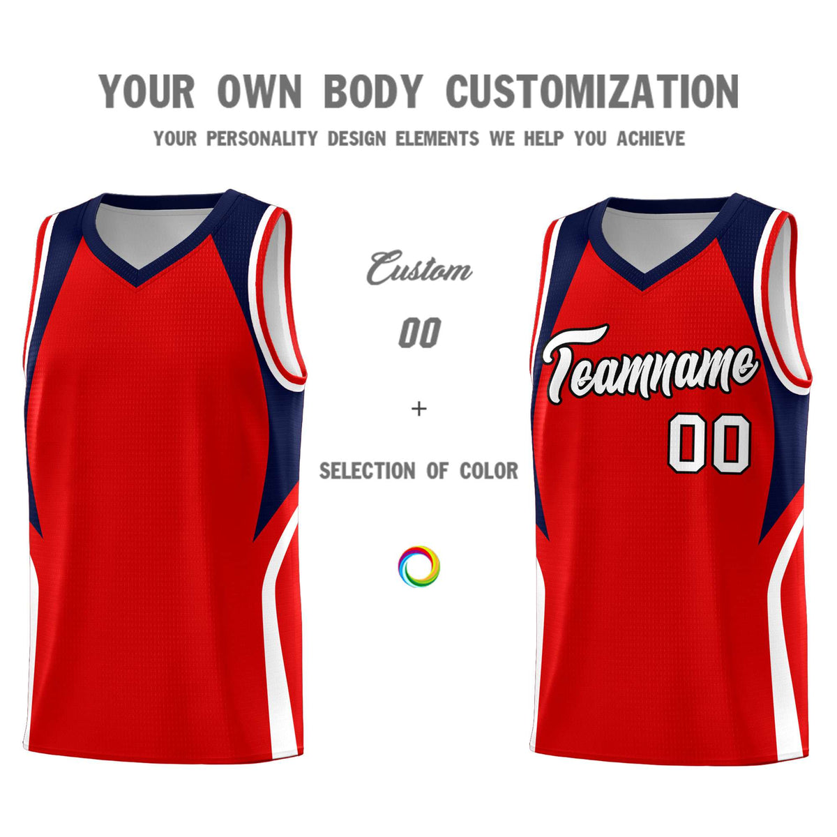 Custom Red Navy and White Color Block Sports Uniform Basketball Jersey