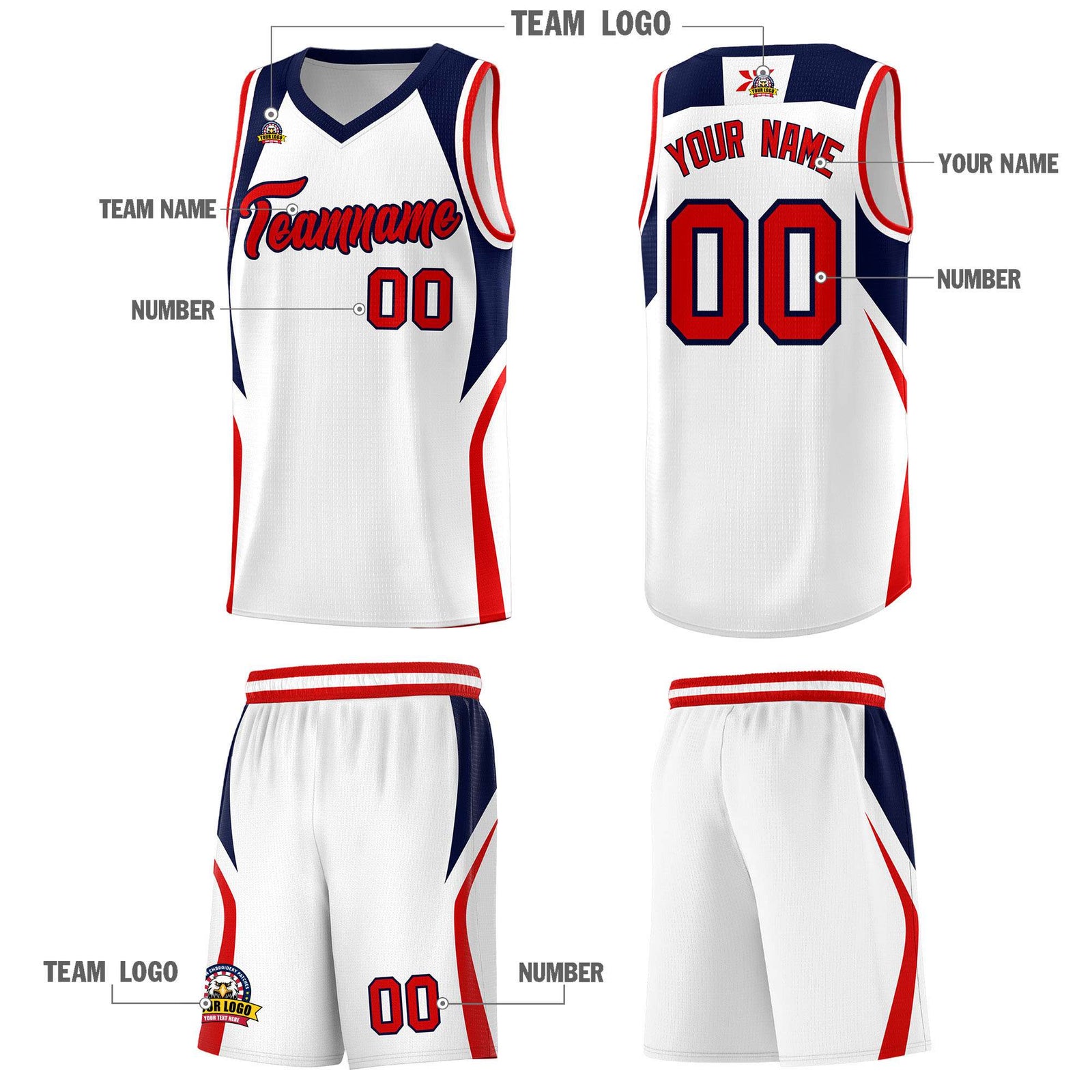 Custom White Navy and Red Color Block Sports Uniform Basketball Jersey