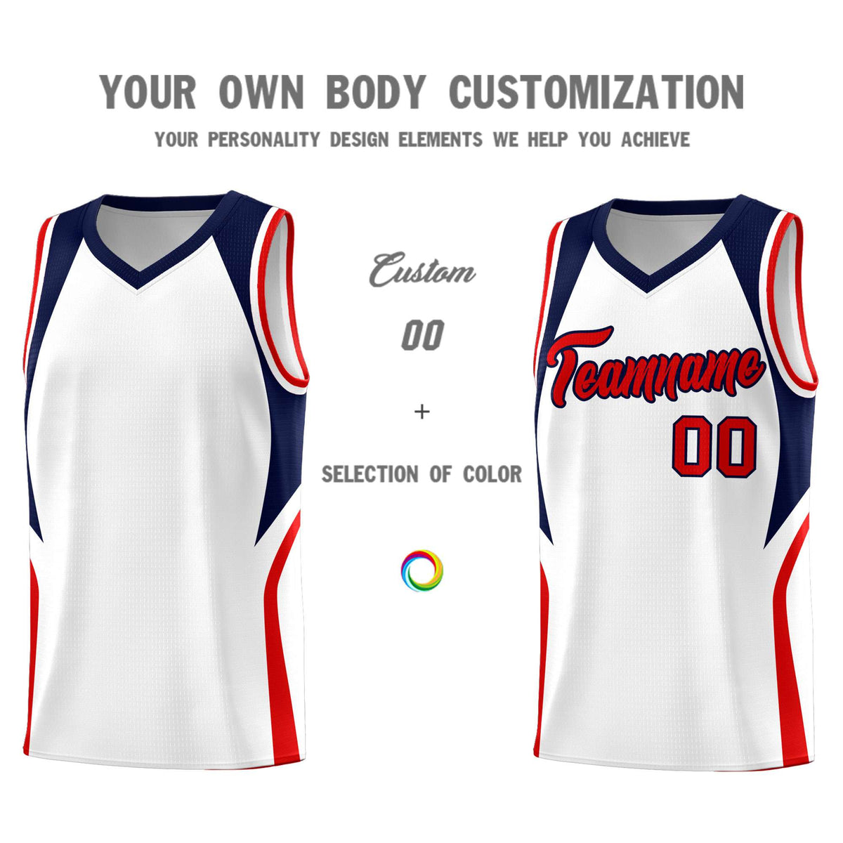 Custom White Navy and Red Color Block Sports Uniform Basketball Jersey