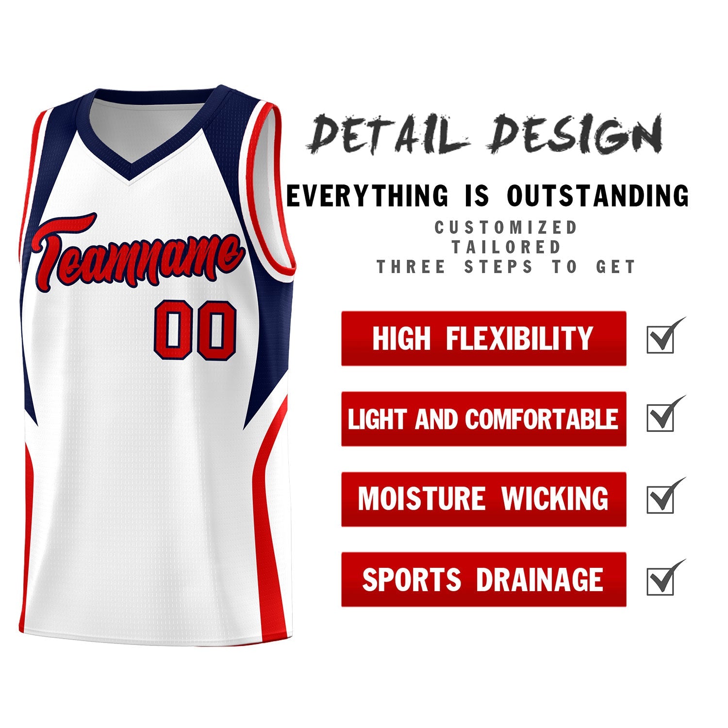 Custom White Navy and Red Color Block Sports Uniform Basketball Jersey