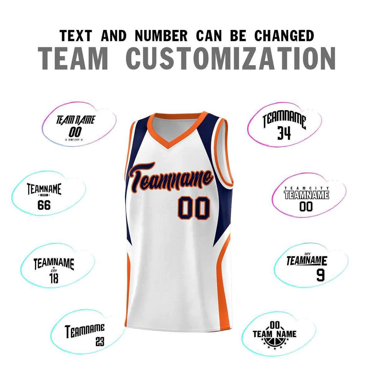 Custom White Navy and Orange Color Block Sports Uniform Basketball Jersey
