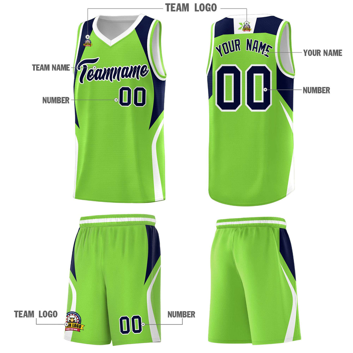 Custom Neon Green Navy and White Color Block Sports Uniform Basketball Jersey