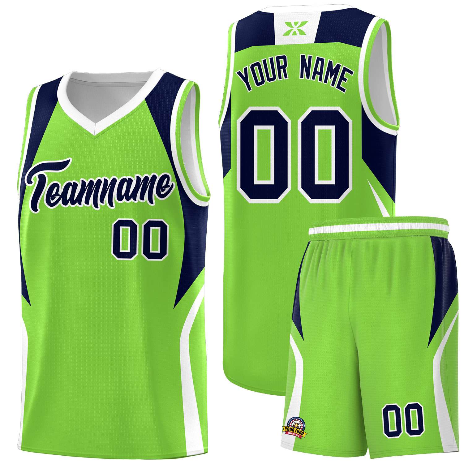 Custom Neon Green Navy and White Color Block Sports Uniform Basketball Jersey