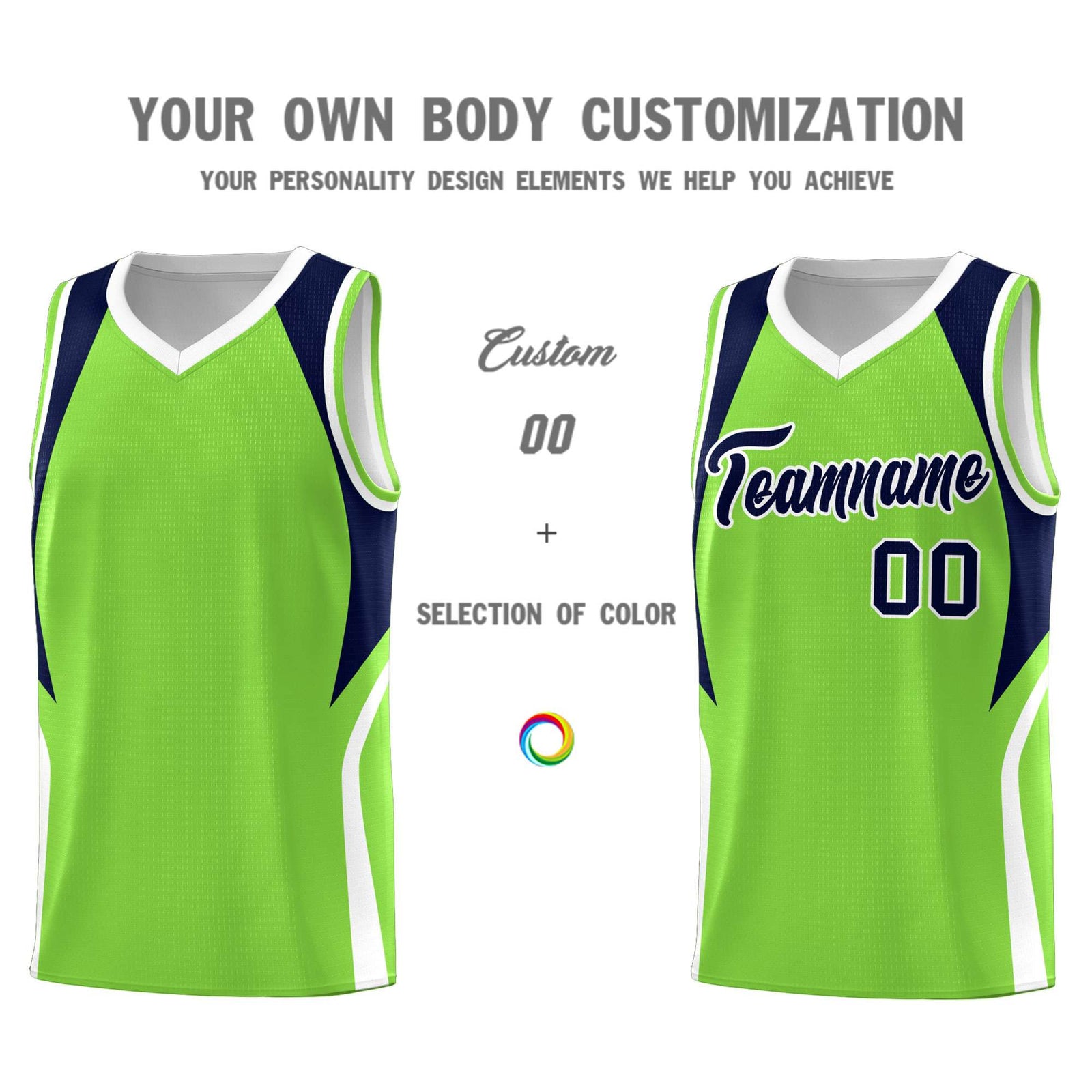 Custom Neon Green Navy and White Color Block Sports Uniform Basketball Jersey