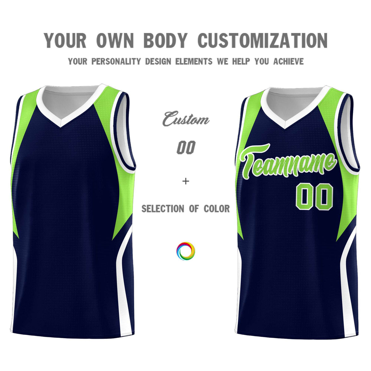 Custom Navy Neon Green and White Color Block Sports Uniform Basketball Jersey