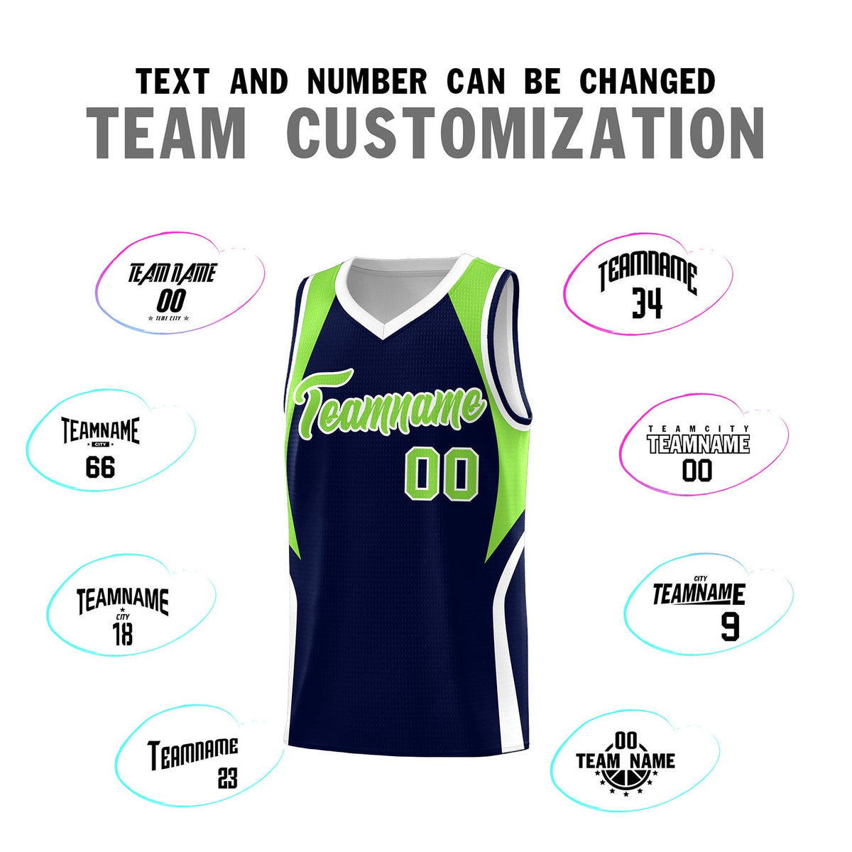 Custom Navy Neon Green and White Color Block Sports Uniform Basketball Jersey