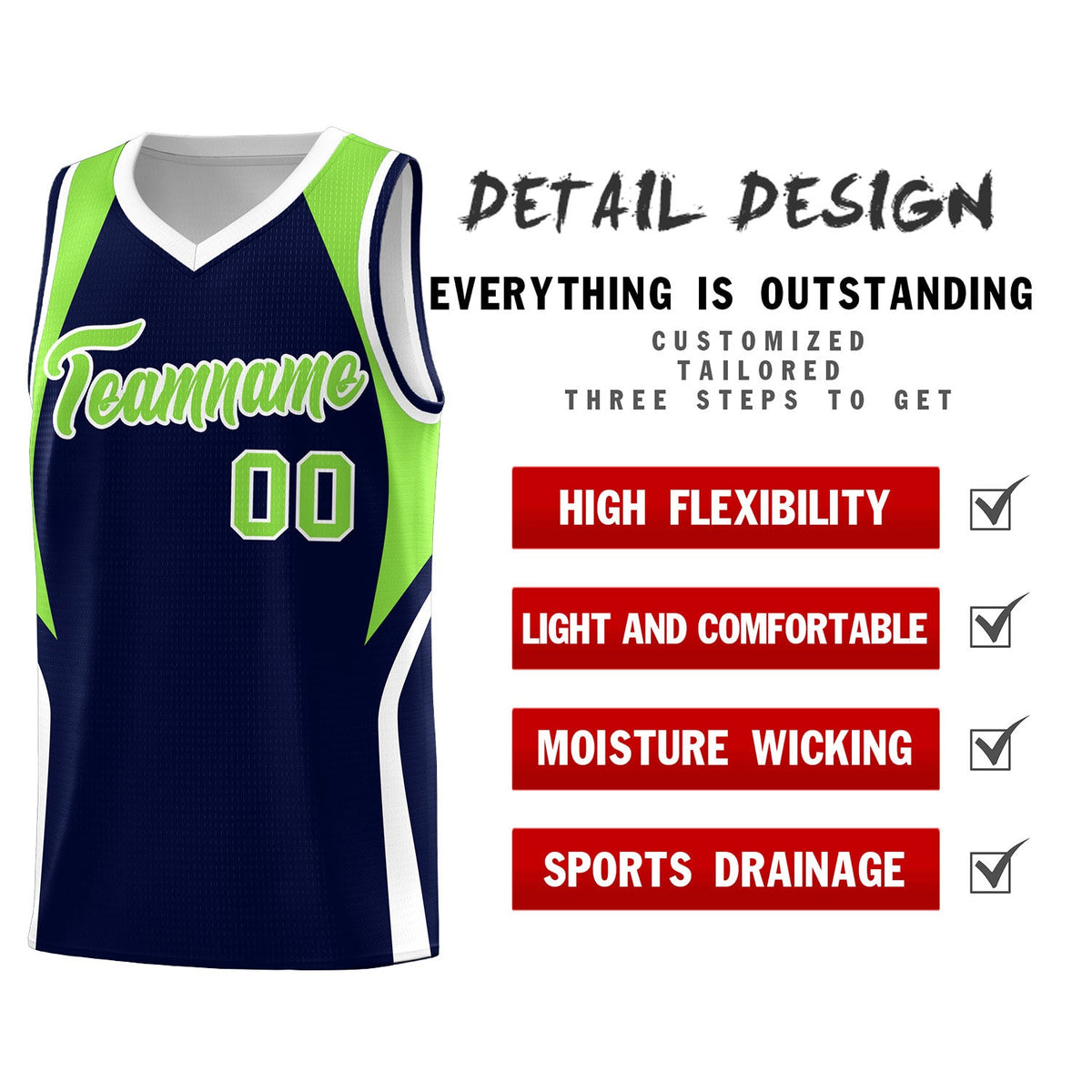 Custom Navy Neon Green and White Color Block Sports Uniform Basketball Jersey