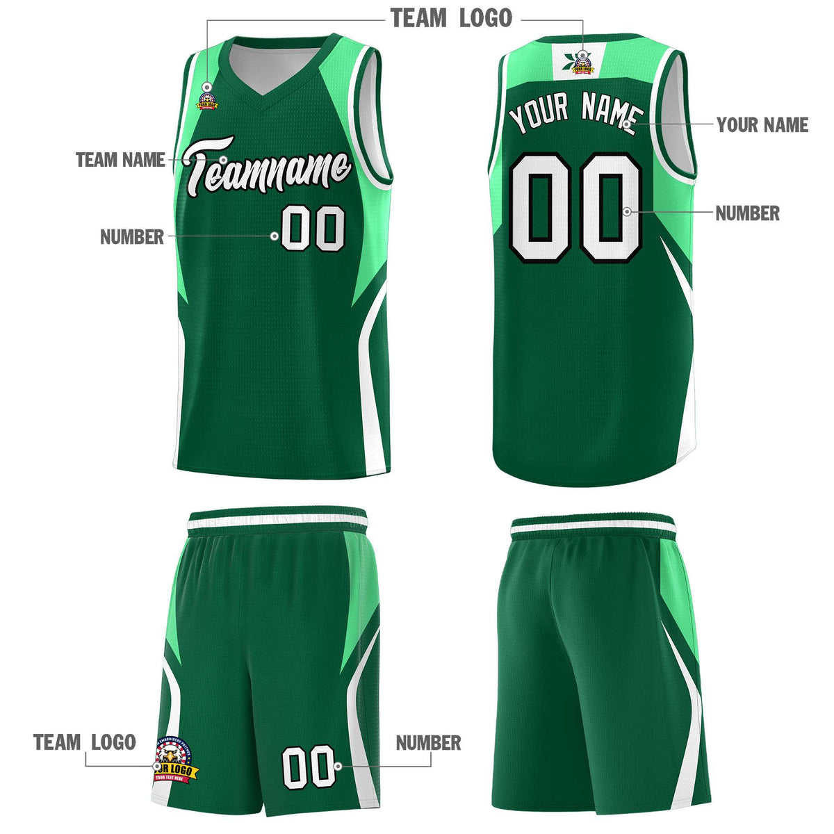 Custom Kelly Green Green and White Color Block Sports Uniform Basketball Jersey