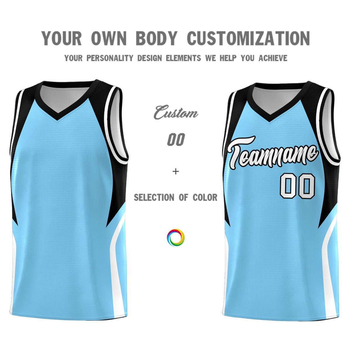 Custom Light Blue Black and White Color Block Sports Uniform Basketball Jersey