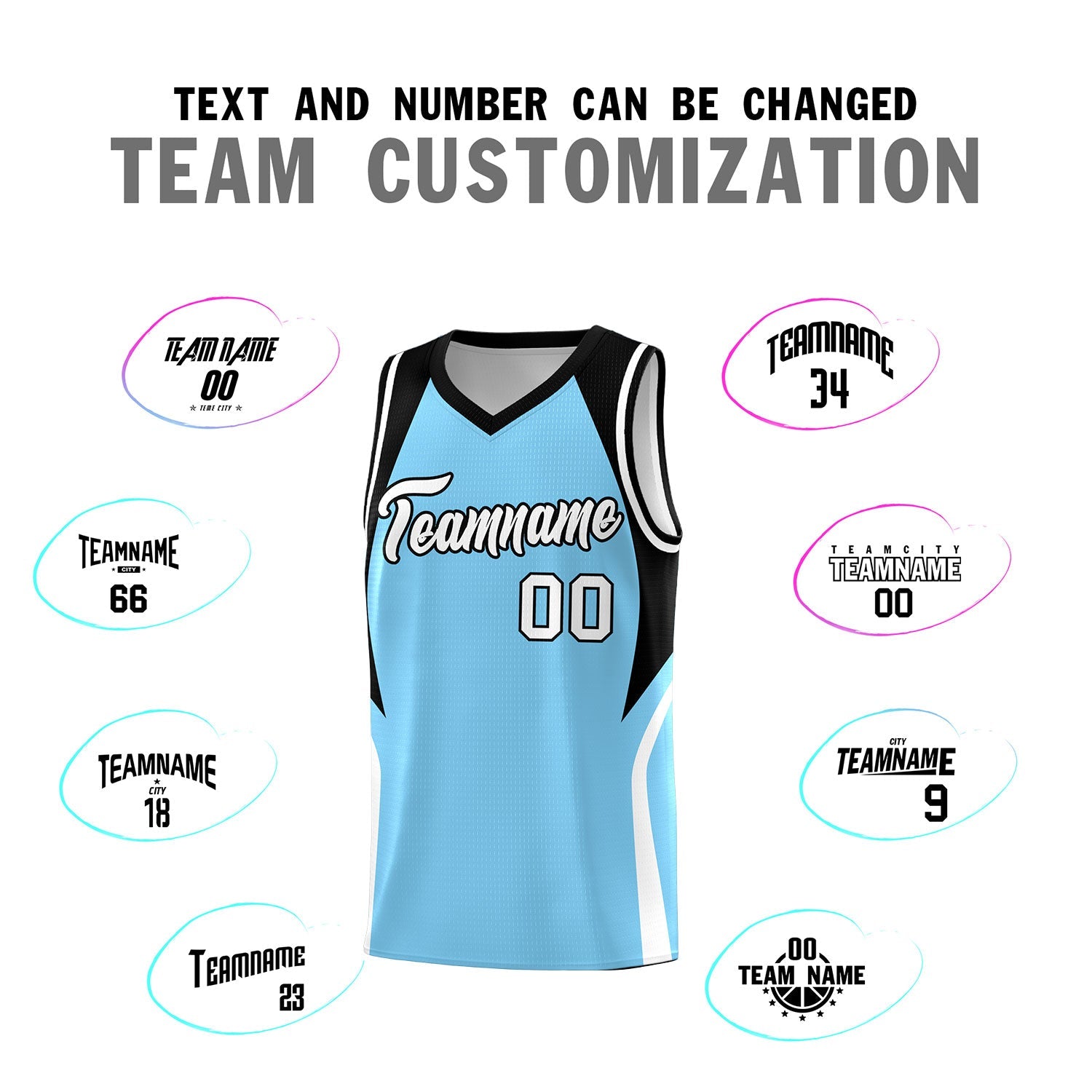 Custom Light Blue Black and White Color Block Sports Uniform Basketball Jersey