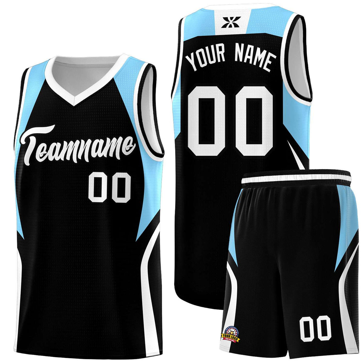 Custom Black Light Blue and White Color Block Sports Uniform Basketball Jersey