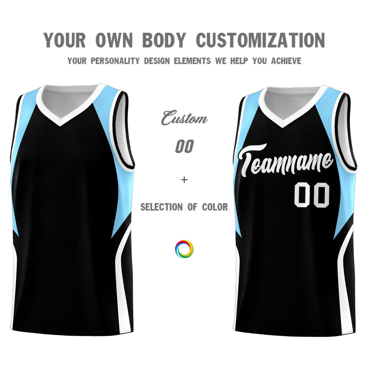 Custom Black Light Blue and White Color Block Sports Uniform Basketball Jersey