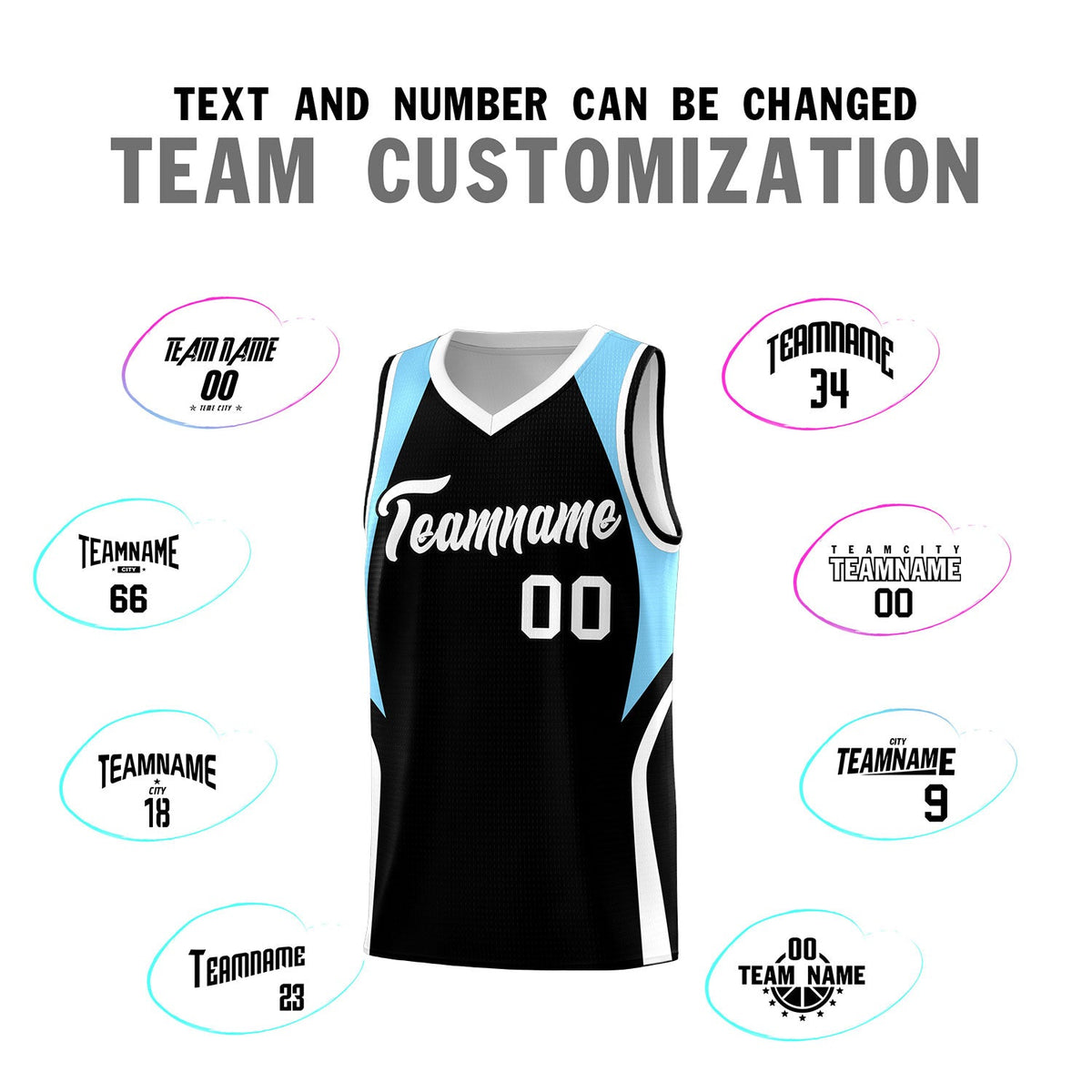 Custom Black Light Blue and White Color Block Sports Uniform Basketball Jersey