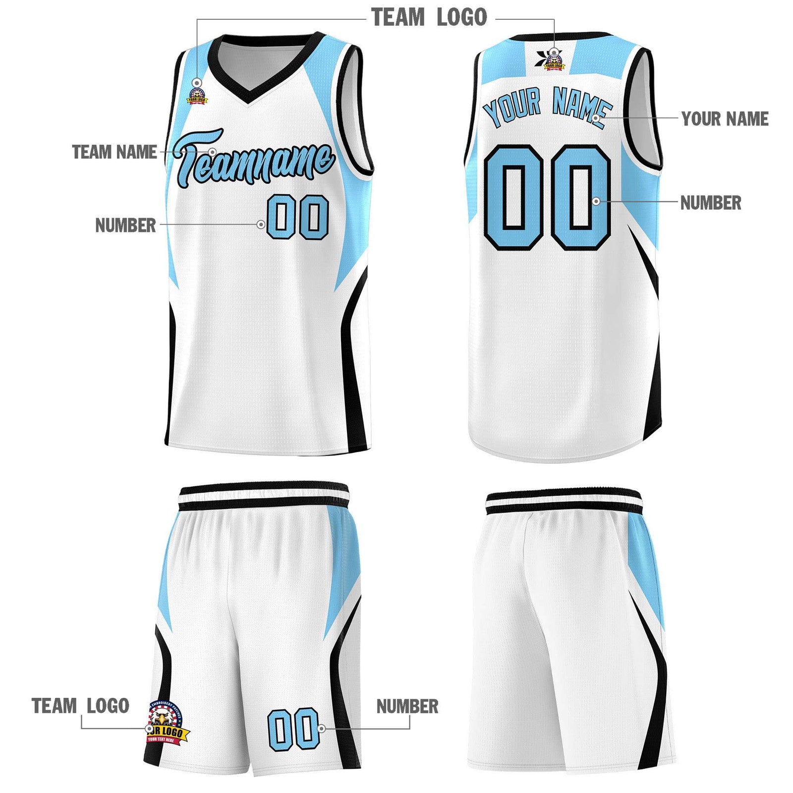 Custom White Light Blue and Black Color Block Sports Uniform Basketball Jersey