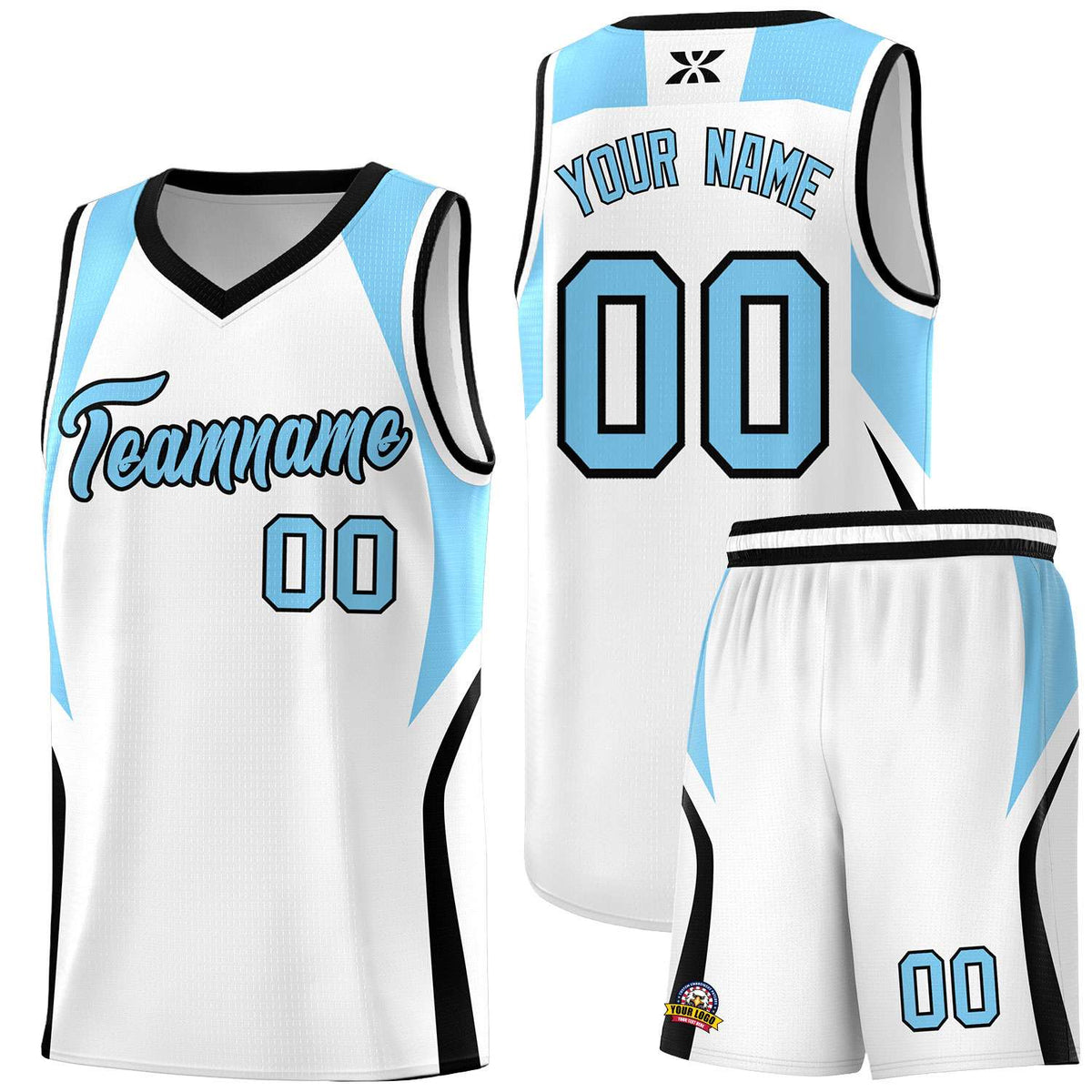 Custom White Light Blue and Black Color Block Sports Uniform Basketball Jersey