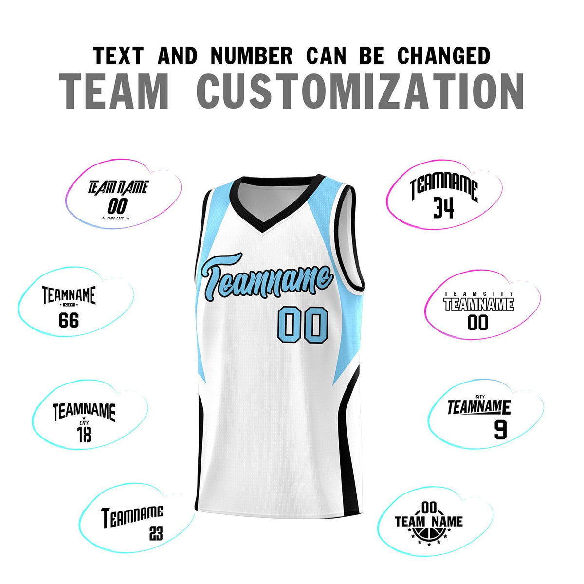 Custom White Light Blue and Black Color Block Sports Uniform Basketball Jersey