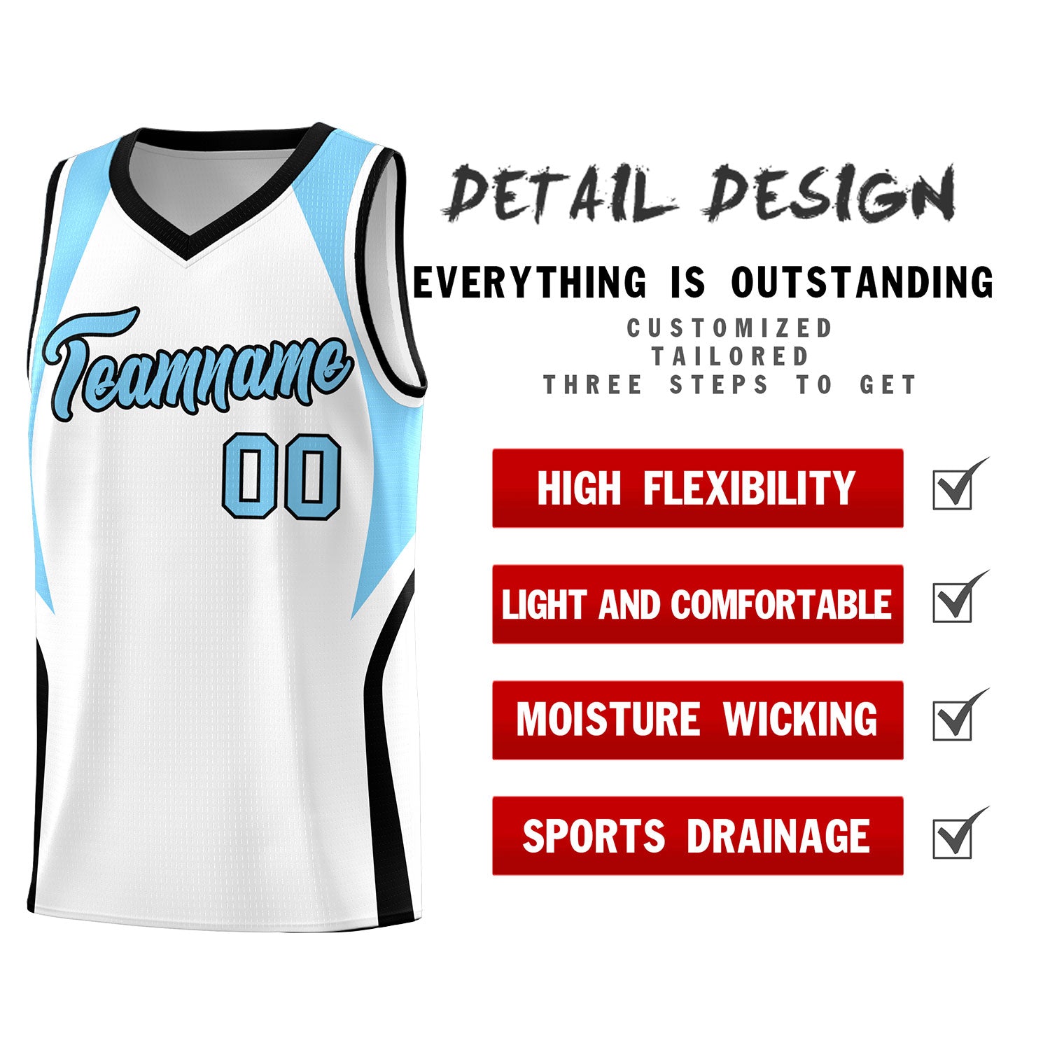 Custom White Light Blue and Black Color Block Sports Uniform Basketball Jersey