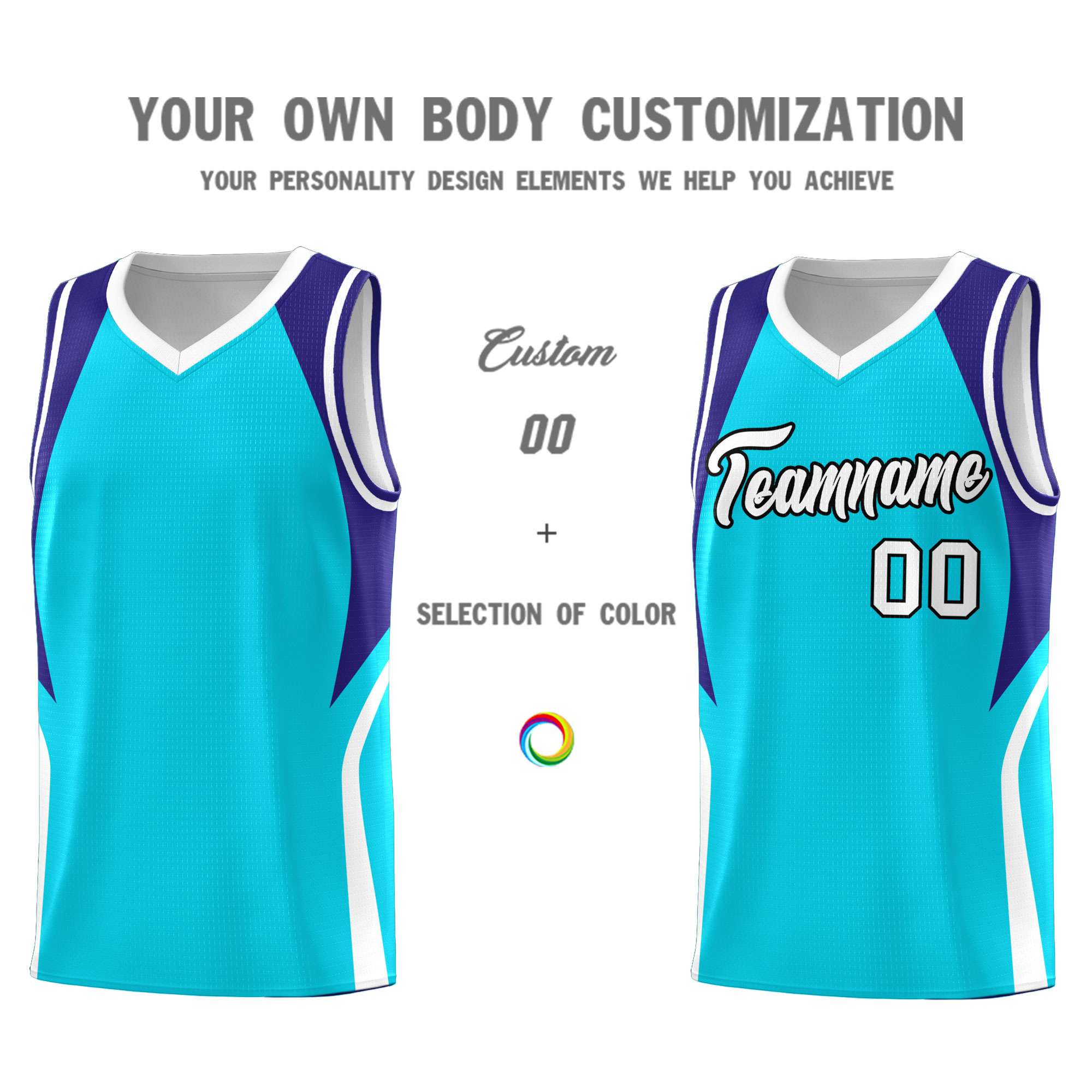 Custom Sky Blue Royal and White Color Block Sports Uniform Basketball Jersey