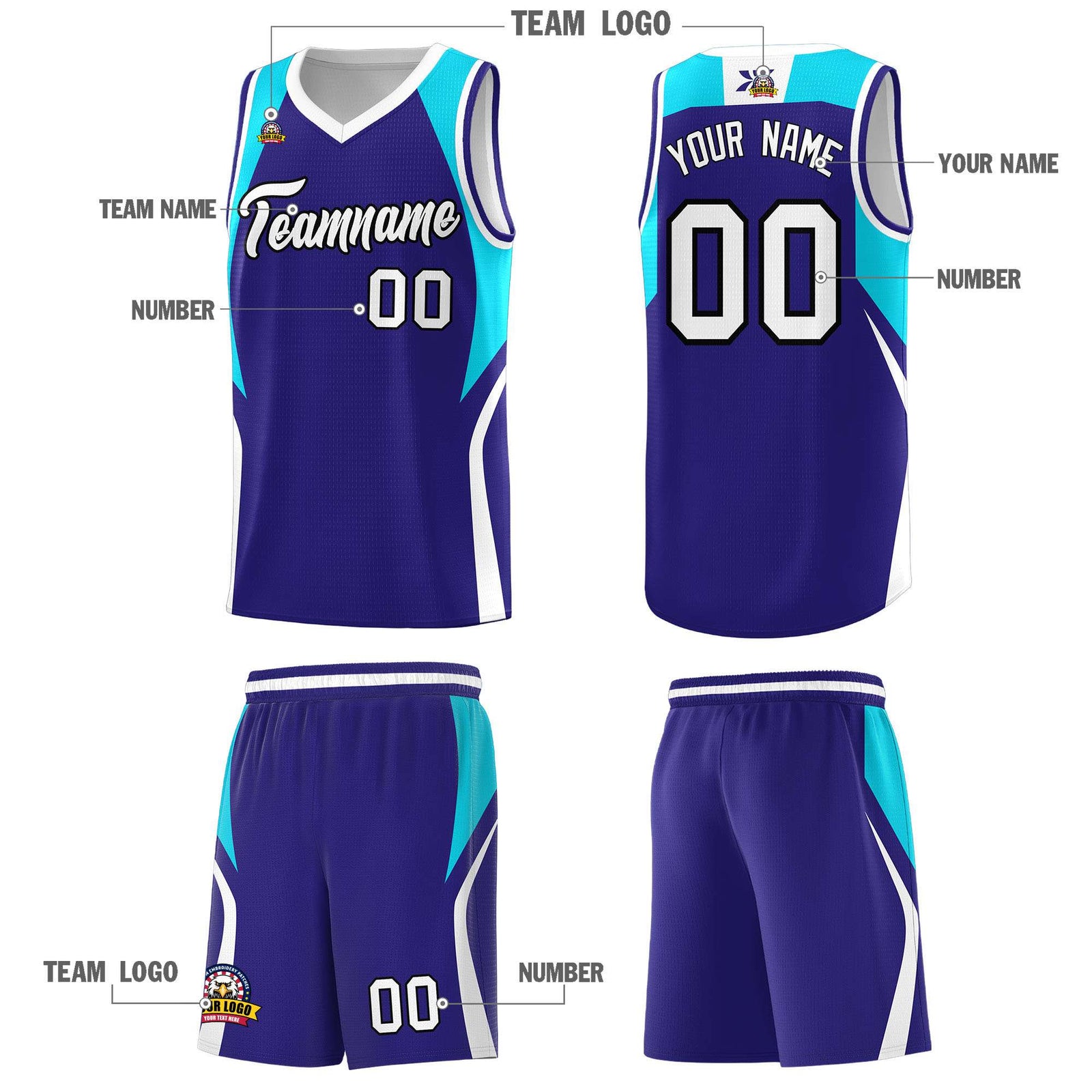 Custom Royal Sky Blue and White Color Block Sports Uniform Basketball Jersey