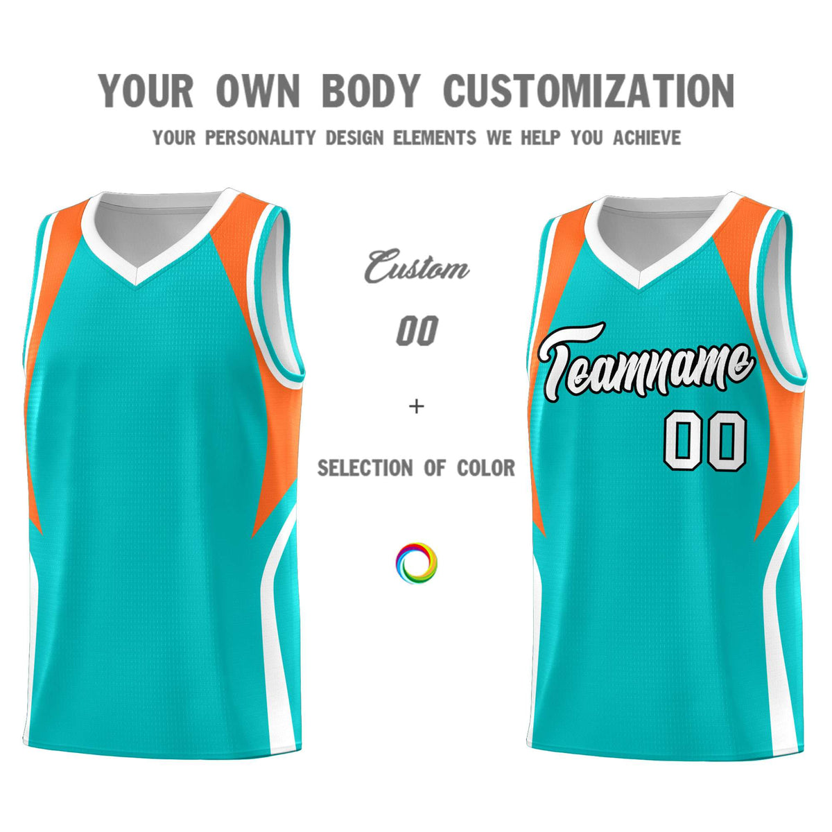 Custom Aqua Orange and White Color Block Sports Uniform Basketball Jersey