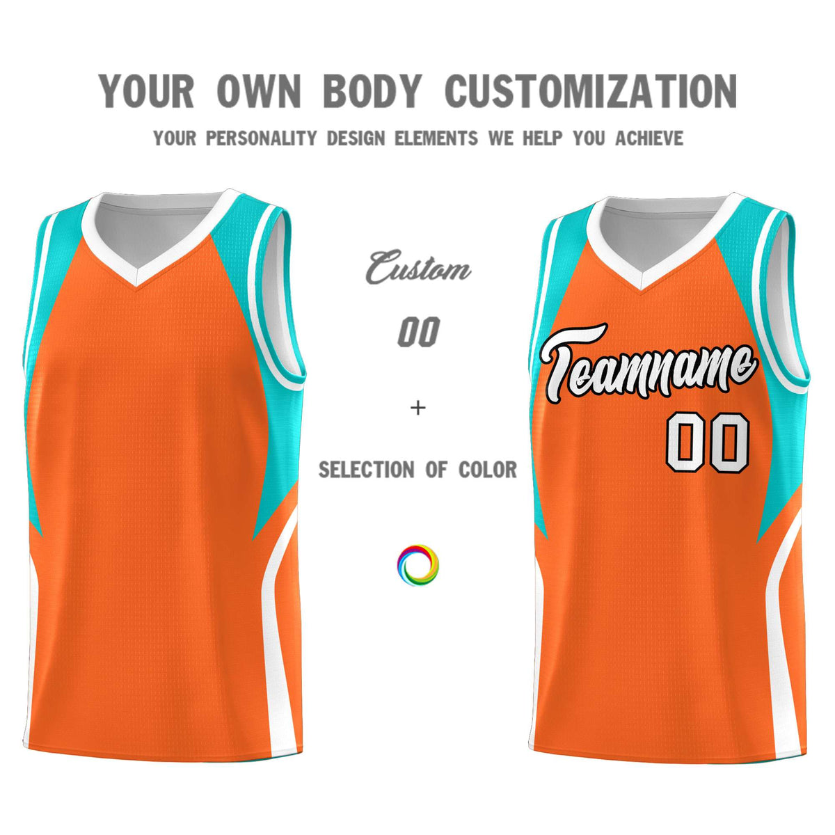 Custom Orange Aqua and White Color Block Sports Uniform Basketball Jersey