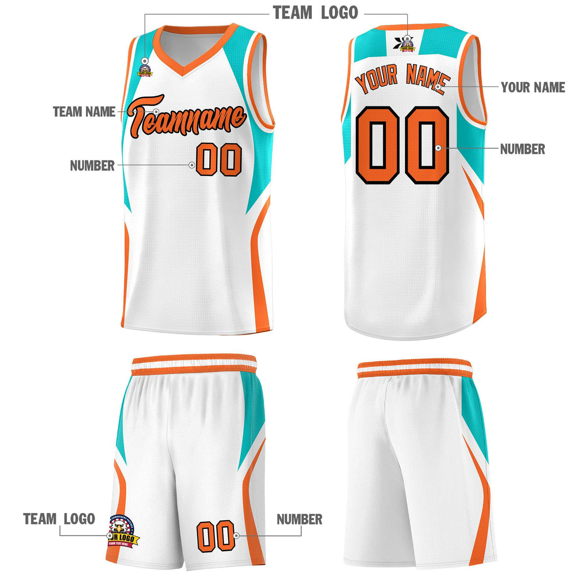 Custom White Aqua and Orange Color Block Sports Uniform Basketball Jersey