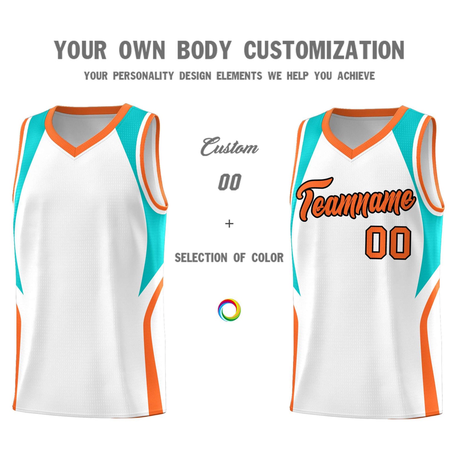 Custom White Aqua and Orange Color Block Sports Uniform Basketball Jersey