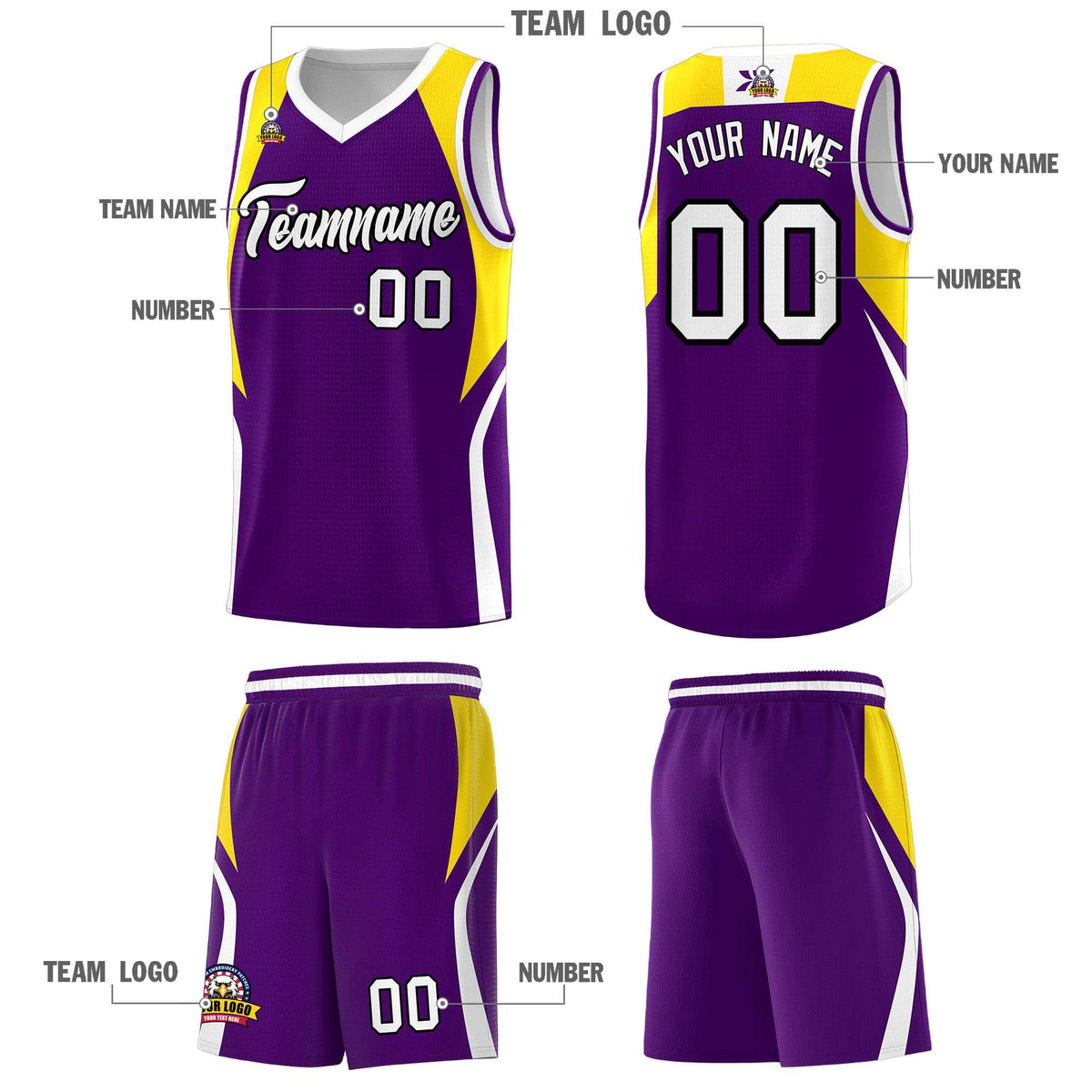 Custom Purple Gold and White Color Block Sports Uniform Basketball Jersey