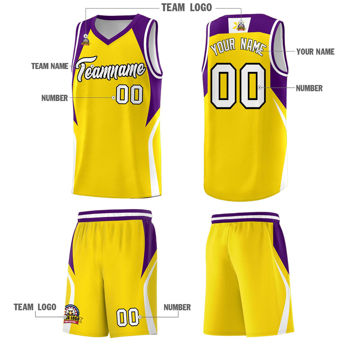 Custom Gold Purple and White Color Block Sports Uniform Basketball Jersey