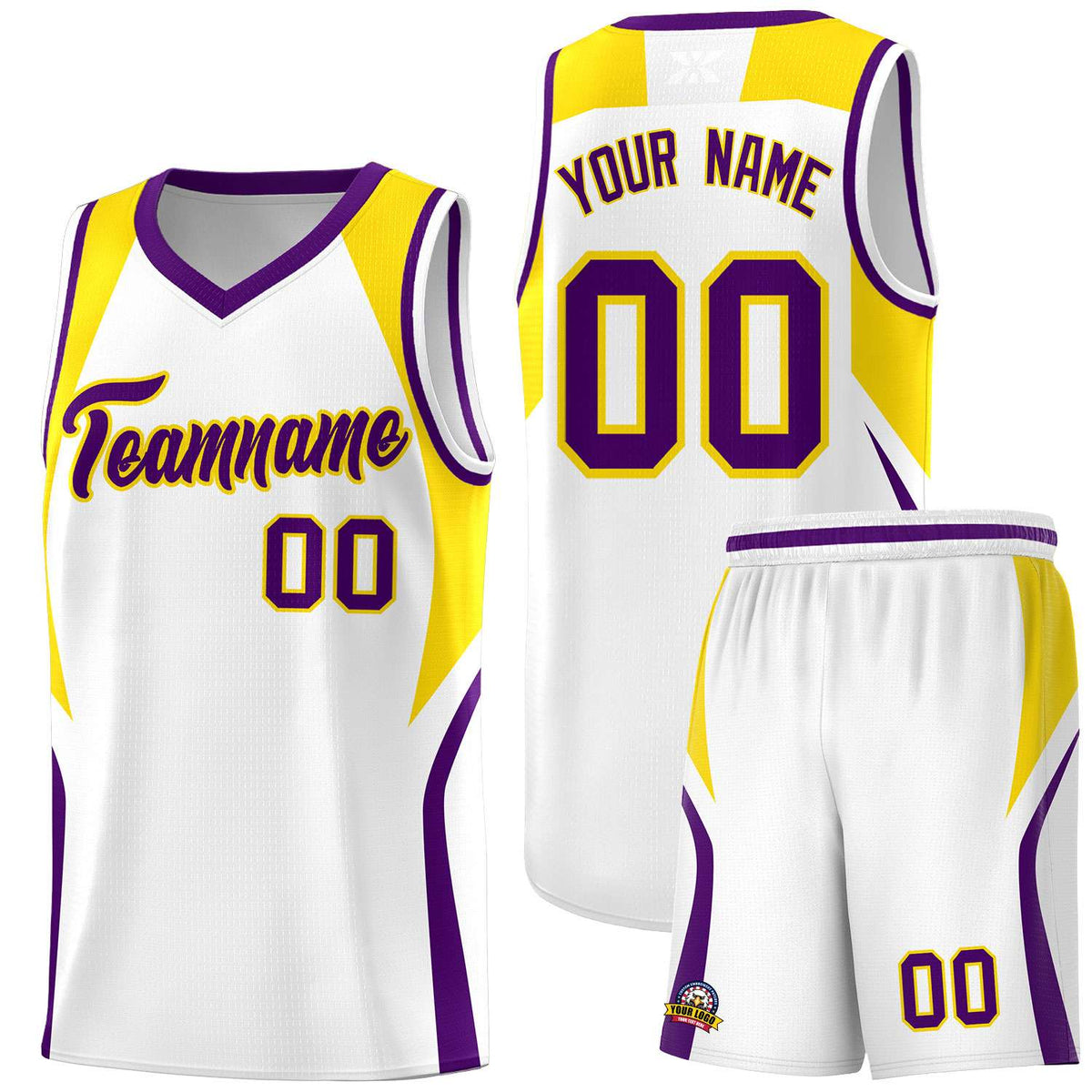 Custom White Gold and Purple Color Block Sports Uniform Basketball Jersey